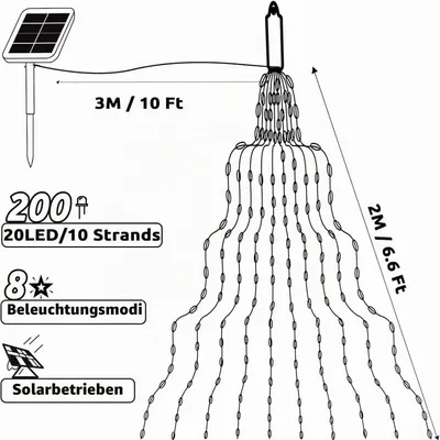 Obrázok produktu pre Joycome Solárna svetelná reťaž, vonkajšia, 2 metre, 200 LED, teplá biela