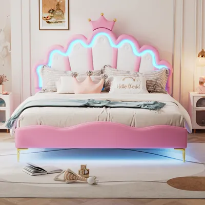 Image de Lit Moonbite Kronenbett, dimensions 140x200 cm, revêtement enPolyuréthanerose avec éclairage LED intégré à la tête de lit, sommier à lattes, cadre en simili cuir, couleur rose