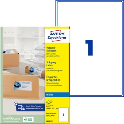 Produktbild von Avery Zweckform J8167-25, Versand-Etiketten, A4, 199,6 x 289,1 mm, 25 Etiketten / 25 Bögen, weiß