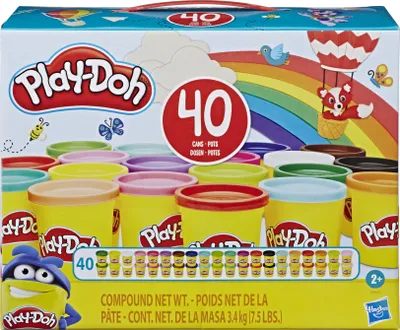 A box of Play-Doh containing 40 cans of modeling compound, with colorful illustrations of a rainbow, a hot air balloon, and cartoon characters.