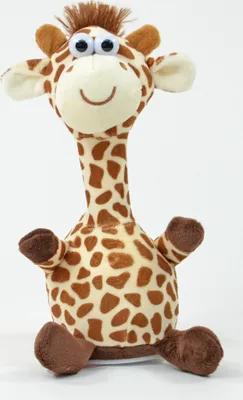 A plush toy giraffe sitting against a white background.