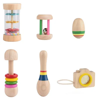 Produktbild von Holz Baby Rassel Set 6 Stück Montessori Sensorik Spielzeug Musikinstrumente für Kleinkinder