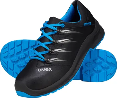 A pair of black and blue work shoes.