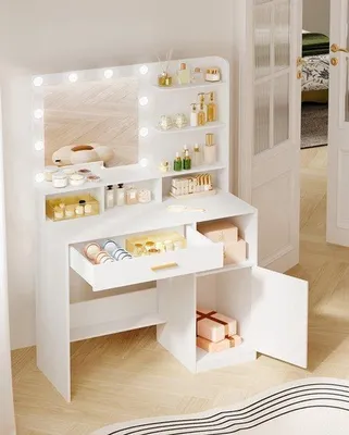 Productafbeelding van Slaapkamermeubilair - Kaptafel met spiegel en 10 dimbare LED-lampjes in modern minimalistisch wit