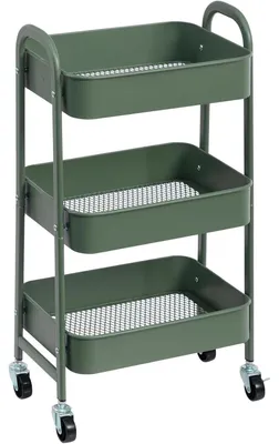 Productafbeelding van Servenwagen van metaal, 3 etages, met wielen, 40x30x70 cm, grasgroen