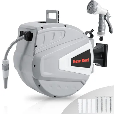 Produktbild von Clanmacy Schwenkbare Schlauchtrommel, Gartenschlauchaufroller 30 m, Schlauchaufroller, Wand-Schlauchbox mit Arretierstop, Inkl. Wandhalterung, grau