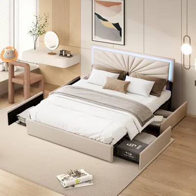A bedroom scene featuring a bed with storage drawers and LED lighting.