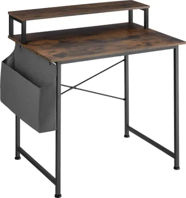 Image de Table de bureau avec étagère de rangement et poche en tissu - Bois foncé industriel, rustique, 80 cm