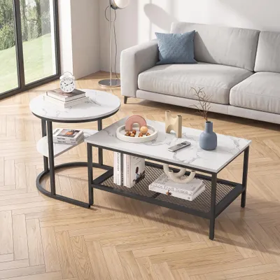 Produktbild von INONEFT 2er Set Couchtisch, Beistelltisch Marmor Optik mit Metallrahmen & Ablage, Wohnzimmertisch Sofatisch Kaffeetisch für Wohnzimmer, Weiß + Schwarz