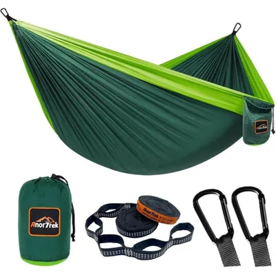 Productafbeelding van Camping hangmat, parachute nylon, 280 x 140 cm, donkergroen & groen, met boomriemen en karabiners