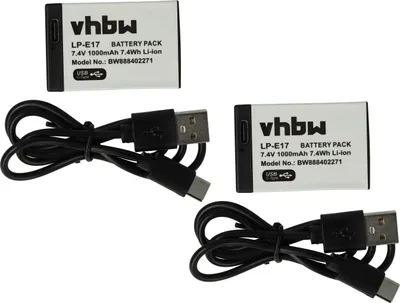 Produktbild von vhbw 2x Akku kompatibel mit Canon EOS 750D, 8000D, 850D, 800D, 200D, 250D, 760D, 77D, Kiss X10 Kamera (1000 mAh, 7,4 V, Li-Ion), USB-C Buchse