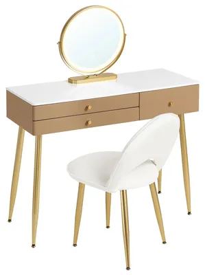 Image de Table de maquillage avec miroir, éclairage LED, tiroirs et tabouret. Dimensions : 100 x 40 x 122 cm. 3 tiroirs