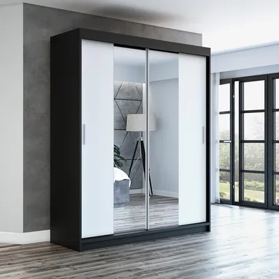 Produktbild von Schwebetürenschrank, 2-türig Schrank mit Spiegel! Moderne Garderobe für Kleidung. Verschiedene Farben (Weiß, Schwarz, Somona) Kleiderschrank NEO180 cm