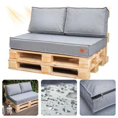 Produktbild von blomster Palettenkissen Set, hellgrau, 3-teilig für Europalettenmöbel. Maße: 120x80 cm und 60x40x15 cm. Aus Polyester-Polyurethanschaum. Outdoor geeignet, hoher Sitzkomfort, robust, langlebig, pflegeleicht. Bezug waschbar bis 40 °C.