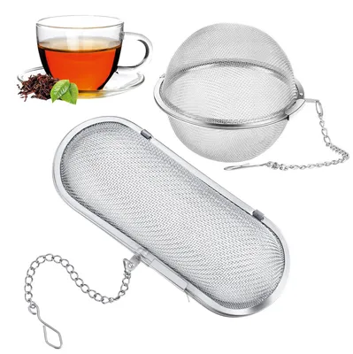 Productafbeelding van Gewürzkugel - Fijnmazig theezeefje met ketting, geschikt om losse kruiden en thee mee te koken - roestvrij staal - zilverkleurig