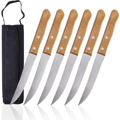 Steakmesser-Set 6-teilig, rostfreier Stahl, gezahnte Klinge, Holzgriff