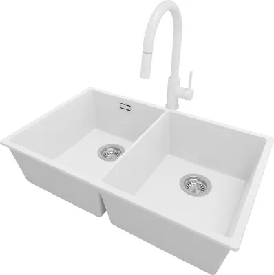 Produktbild von PRIMAGRAN Unterbauspüle Granit Weiß 76x47cm, Spülbecken 2 Becken + Küchenarmatur 40x20cm + Ablauf-Set, Granitspüle ab 80er Unterschrank - London Twin