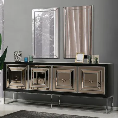 Obrázok produktu pre Casa Padrino luxusný príborník so 4 zrkadlovými dvierkami čierny / strieborný 208 x 49 x v. 88 cm - Luxusný nábytok do obývačky