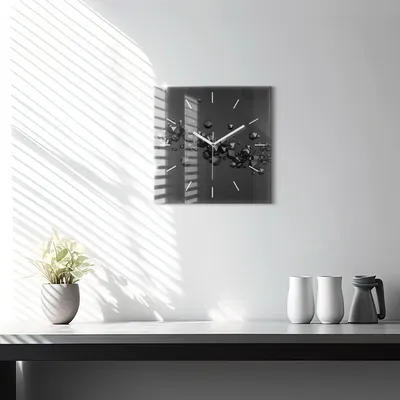 Produktbild von Wallfluent Wanduhr – Stilles Quarzuhrwerk - Uhr Dekoration Wohnzimmer Schlafzimmer Küche - Zifferblatt mit Striche - weiße Zeiger - 30x30 cm - Schwarze Abstraktion