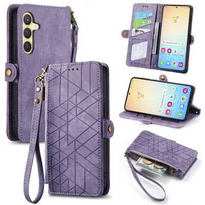 Obrázok produktu pre Pre Samsung Galaxy S25 FE 5G Geometric Design Leatherette Zipper Book Wallet Case with Strap Purple