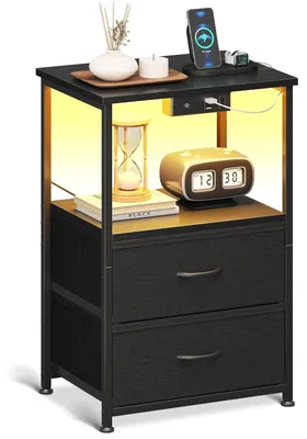 Nachtkästchen mit LED, USB & Steckdose, 2 Schubladen, 40x30x60 cm