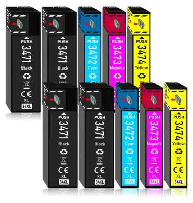 A collection of printer ink cartridges arranged in rows on a white background.
