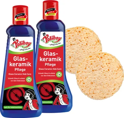 Produktbild von Poliboy Glaskeramik Pflege - 2x200ml - mit Einbrennschutz - Kochfeldreiniger für Glaskeramik - Mit 2x Schwamm - 99A5101