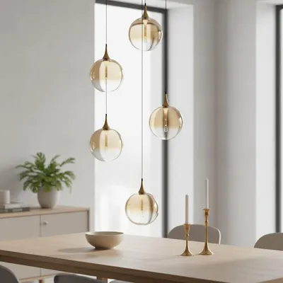 Productafbeelding van Hanglamp Orenda rond 5-lichts amber glas, AI-gegenereerde afbeelding