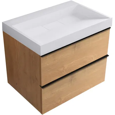 Productafbeelding van Badkamermeubel Velora - notenhoutkleur, zwarte handgreep + wastafel van gietmarmer Vita - wit, glanzend - 70x63x46,5 cm
