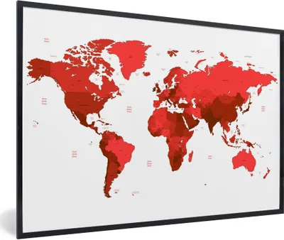 Produktbild von MuchoWow® Gerahmtes Poster Weltkarte - Rot - Einfach 90x60 cm - Poster mit Schwarzem Bilderrahmen Wandposter Rahmen Foto Bilder - Fotorahmen - Foto-Plakat