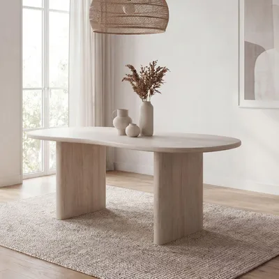 Obrázok produktu pre Jedálenský stôl FineBuy Design 180 cm z masívneho mangového dreva v bielom prevedení – masívny jedálenský stôl v bielej farbe – drevený stôl v organickom tvare obličky, retro jedálenský stôl