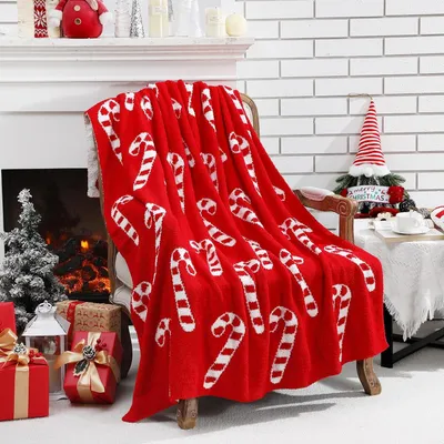 Produktbild von Weihnachts-š¹berwurfdecke mit Zuckerstangen-Motiv, 130 x 150 cm, rot und wei?, wendbar, gestrickt, gemš¹tlich, leicht, weich, Geschenk fš¹r Couch, Sofa, Bett