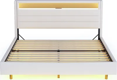 Produktbild von Flieks Polsterbett 140x200cm mit USB, Jugendbett Doppelbett mit LED, Stauraumbett Holzbett Funktionsbett mit Stauraumkopfteil, Leinen, Beige