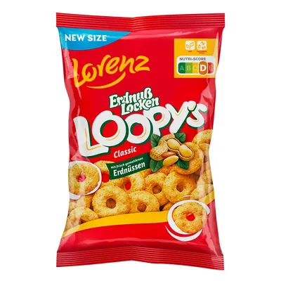 Verpackungsbild ErdnußLocken Loopys Mais Snack mit frisch gemahlenen Erdnüssen 130g