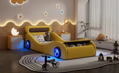 Zdjęcie produktu dla Łóżko dziecięce Car Design, tapicerowane łóżko w kształcie samochodu z podświetlanymi kółkami i schowkiem, PU, bez materaca, żółte, 90x200cm