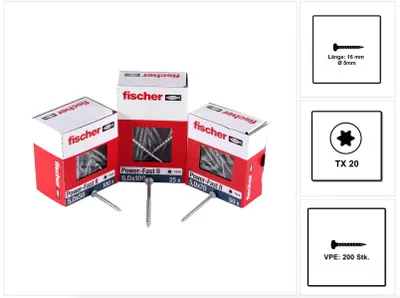 Produktbild von fischer Spanplattenschraube PowerFast FPF II PTF 5,0 x 16 BC 200 Panhead mit Innenstern TX Vollgewinde galvanisch verzinkt, blau passiviert, 200 Stück