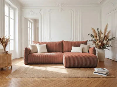 Productafbeelding van Eckbank met slaapfunctie, model MAILAND, bekleed met stof Tilia in roestbruin, met een ottomaan aan de rechterkant