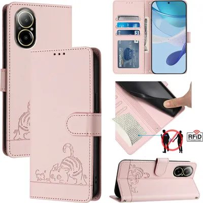 Produktbild von Leder Hülle für Realme C67 4G Süße Katze Flip Case Brieftasche Schutzhülle mit Standfunktion Pink