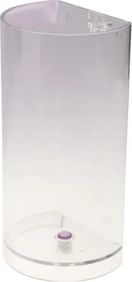 A clear plastic water tank with a small purple component at the bottom.