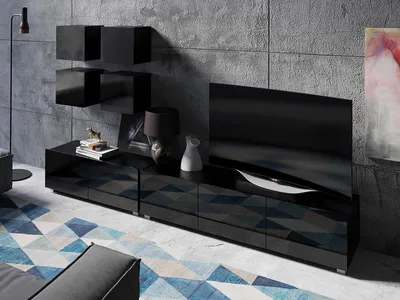 Produktbild von Wohnwand CALABRINI-18 Wohnzimmer-Set Hängewohnwand Schrankwand Schrank TV-Schrank Moderne Anbauwand Hochglanz (Schwarz)