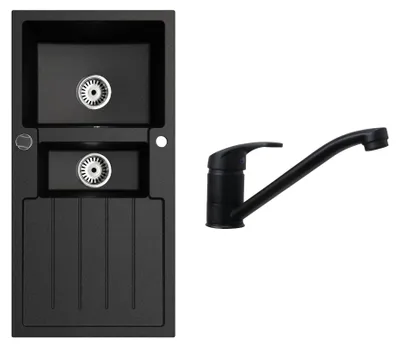 Produktbild von [Granitspüle 100x50+Armatur klein]Hochwertig Eckige Einbaugranitspüle Spülbecken f. Unterschränke ab 45 cm inkl. Siphon Set, Farbe:Schwarz gesprenkelt
