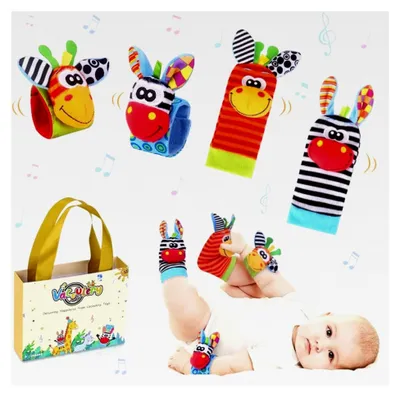 Produktbild von Rasselsocken und Handgelenkrasseln für Babys, 4-teiliges Set