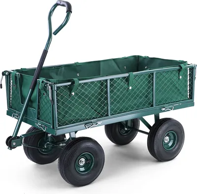 A green transport wagon with four black wheels and a black handle, shown against a white background.