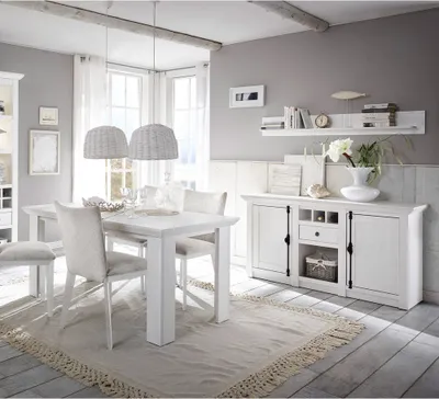 Produktbild von Landhaus Esszimmer-Set WINGST-61 in Pinie weiß Nb. mit Sideboard (ohne Stühle) Stellmaß Sideboard ca. 83 cm