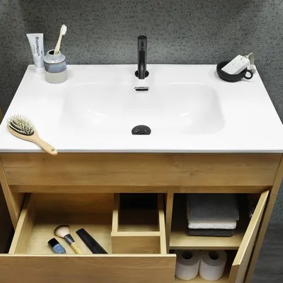 Produktbild von Differnz Sofi Waschtisch - Badezimmer-Waschtisch 80 cm - Keramik - Kratzfeste und schmutzabweisende Oberfläche - Mit Überlauf - 1 Hahnloch - Maße 81 x 46,5 x 1,8 cm - Farbe Weiß