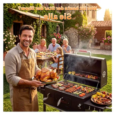 Produktbild von XXL Holzkohlegrill mit Deckel, großer Kohlegrill für Balkon, Garten, Outdoor, Barbecue-Grill inklusive 71 × 43 cm Grillrost, Thermometer, Küchenzange und Grillhandschuhe