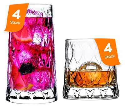 Produktbild von Pasabahce Leafy Gläser Set – 4 Longdrinkgläser + 4 Whiskyglas
