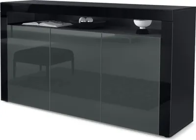Produktbild von Vladon Sideboard Valencia,  Germany, Kommode mit 3 Türen und 1 offenem Fach, Schwarz matt/Grau Hochglanz/Schwarz Hochglanz (155 x 92 x 40 cm)