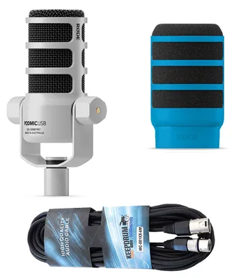 Image de Rode Microphone Podmic USB Blanc avec WS14B Protection anti-pop Bleu et câble