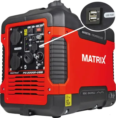 Produktbild von Matrix PG 2000i-USB Inverter Benzin Notstromaggregat 2000 Watt Stromerzeuger Stromgenerator mit USB Stromaggregat sehr leise, 4 Takt, 2x230V, 12V 2USB